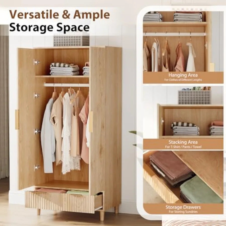Fluted Wardrobe Closet Armoire