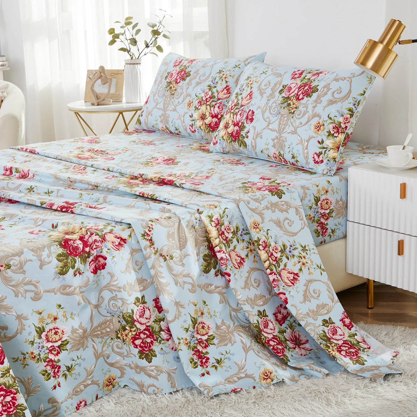 Vintage Red Rose In Light Blue