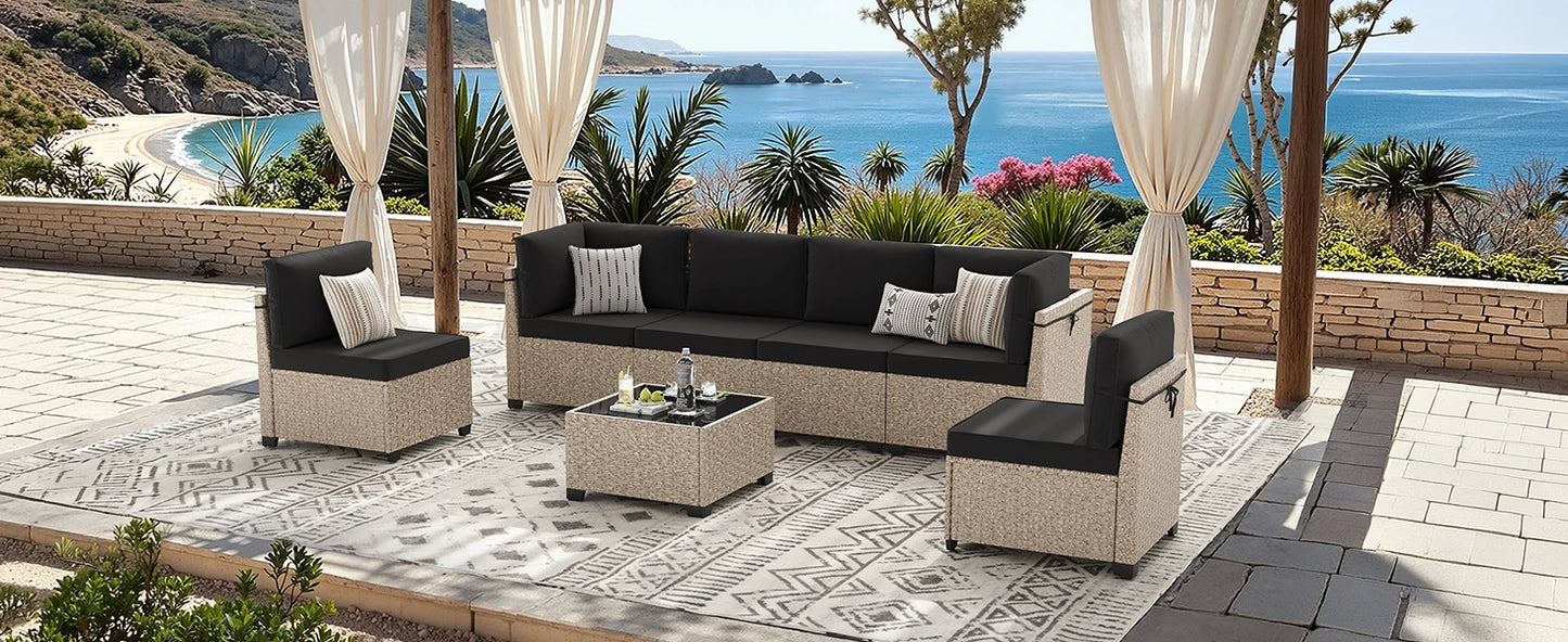 All-Weather Rattan Sectional Sofa with Tempered Glass Table