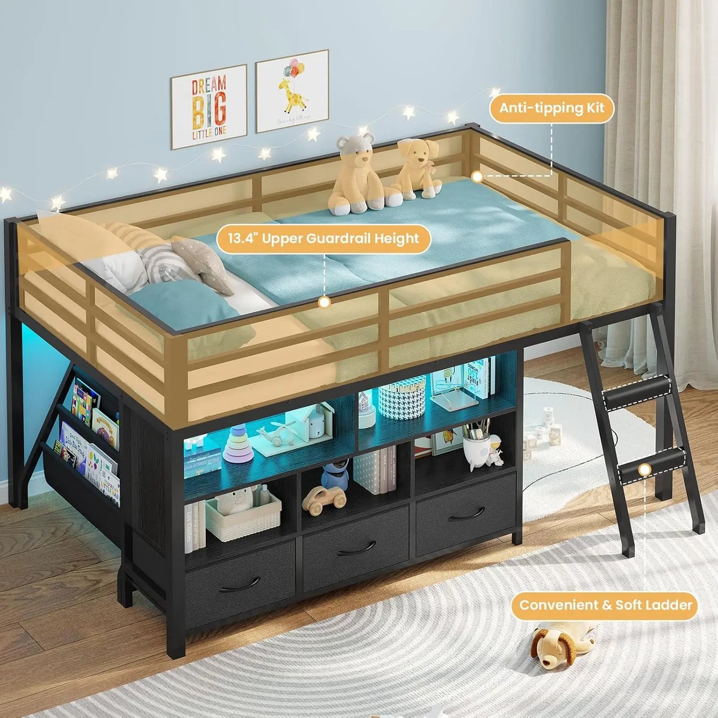 Metal Low Loft Twin Bed, Bookshelf, Cubbies, LED Guardrail, and Ladder