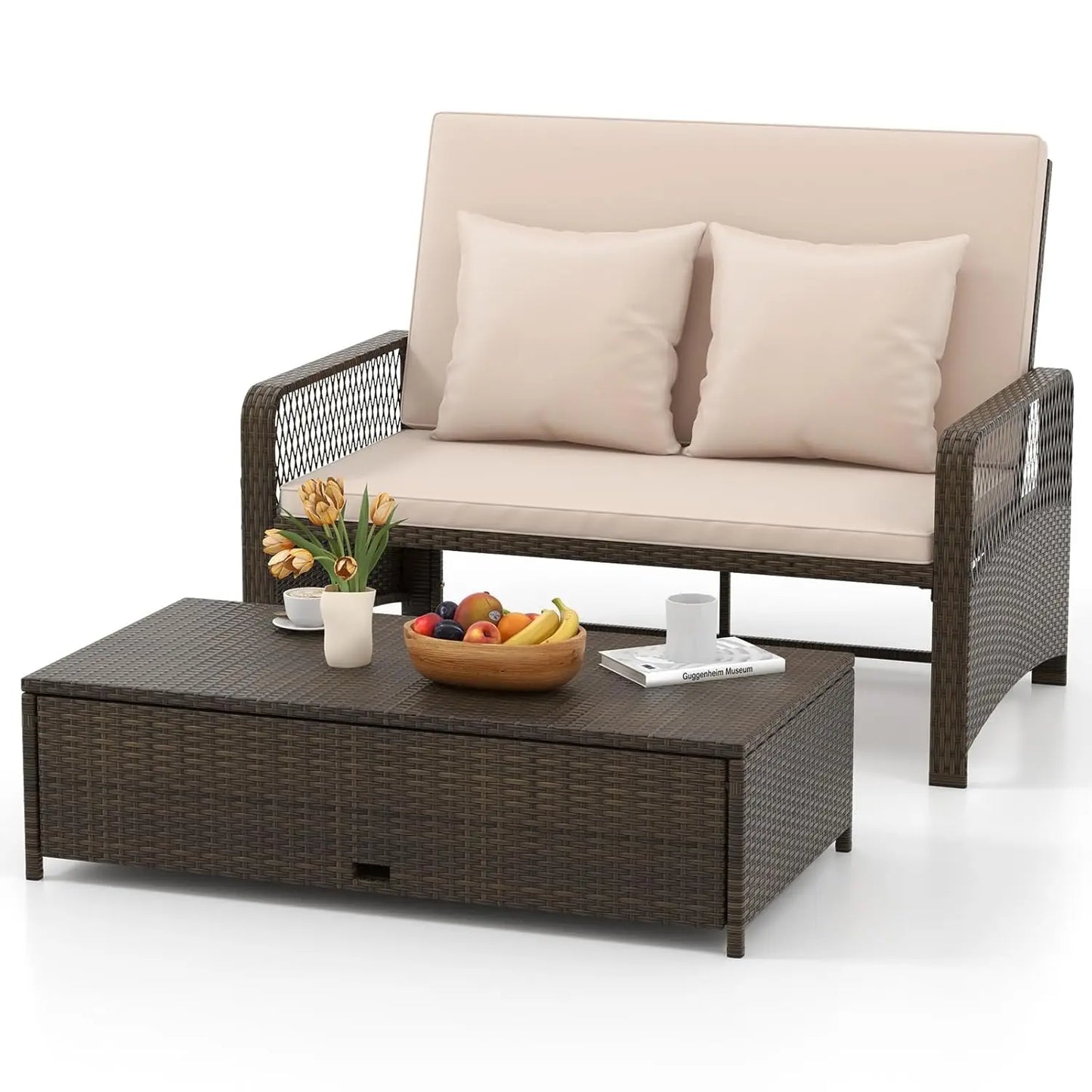 Rattan Daybed Loveseat with Adjustable Backrest & Ottoman and Zipped Cushion