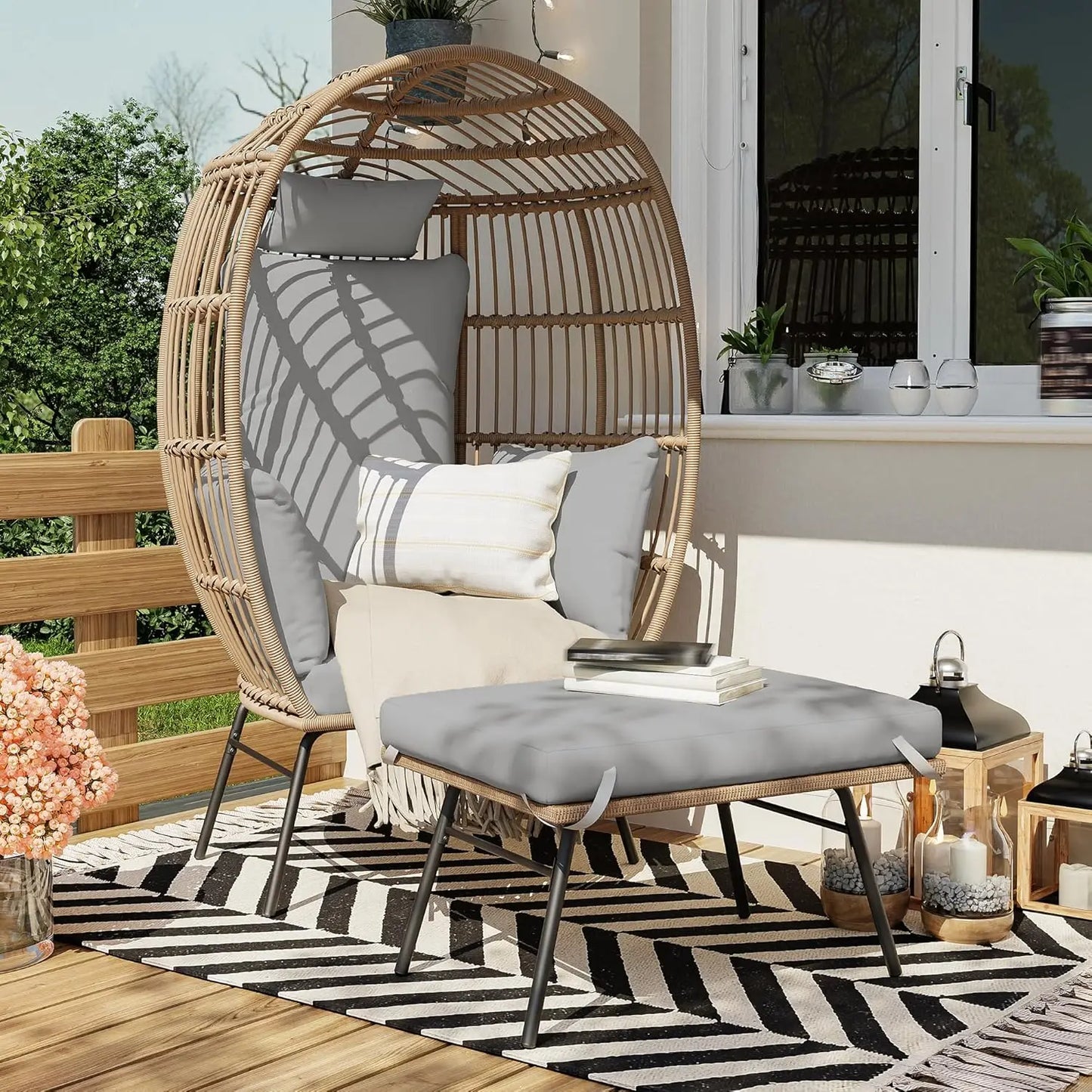 Waterproof UV Resistant Wicker Egg Chair with Ottoman with Cushions