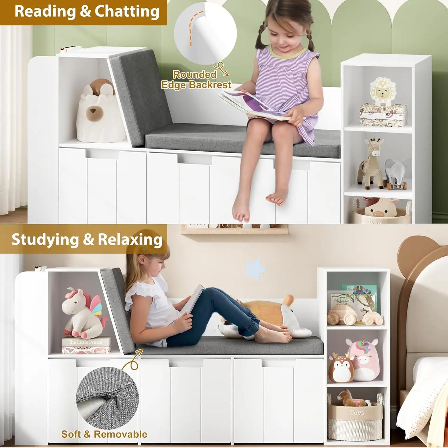 Reading Nook with Double Bench and Rolling Drawers