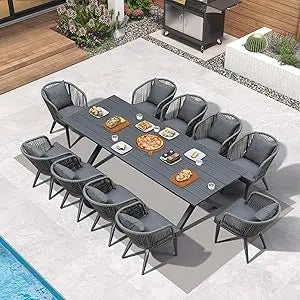 Patio Dining Set with Table and Chairs - Teak-Finish Aluminum Frame