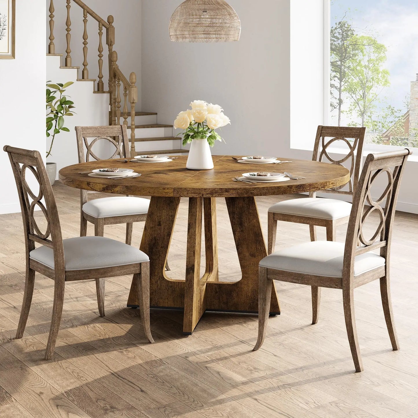 Farmhouse Large Wooden Round Dining Table