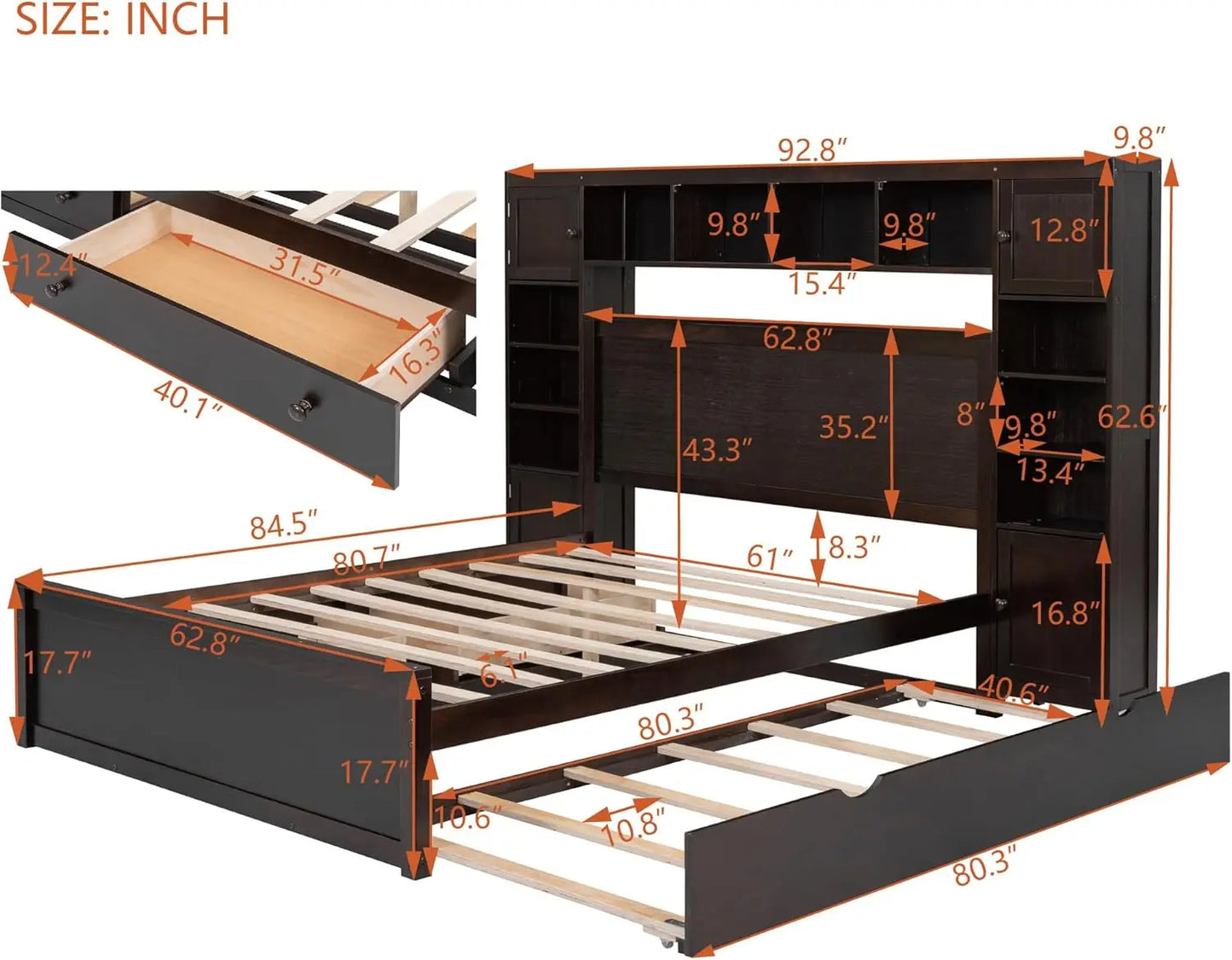 Storage Bed with Bookcase Headboard Platform Bed