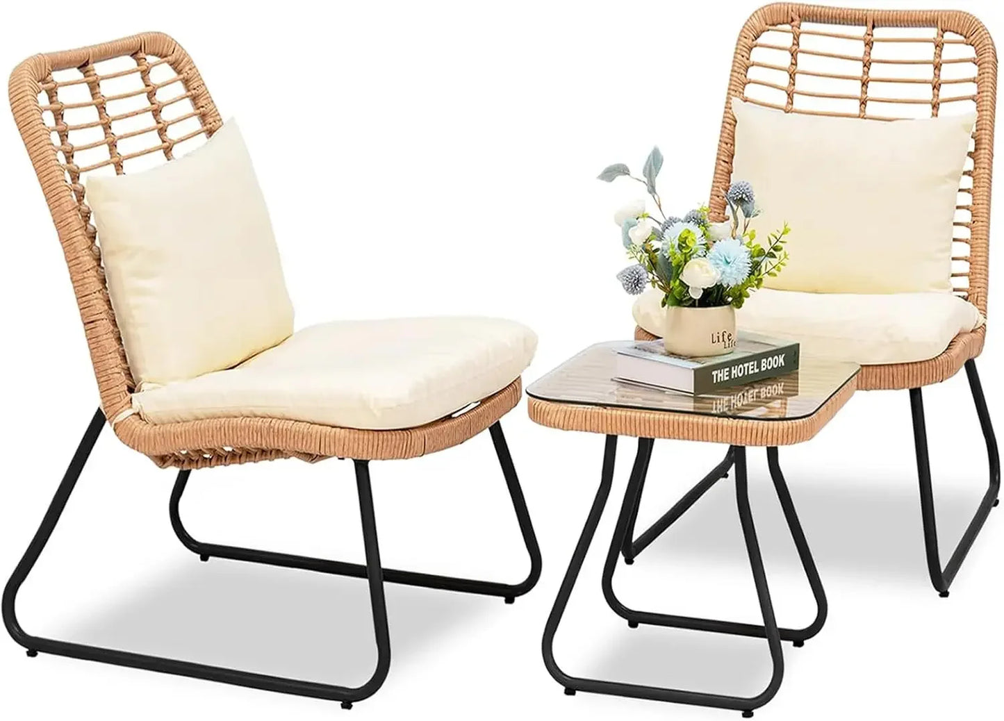 Patio Conversation Set w/2 Large Rattan Chairs and Tempered Glass Table