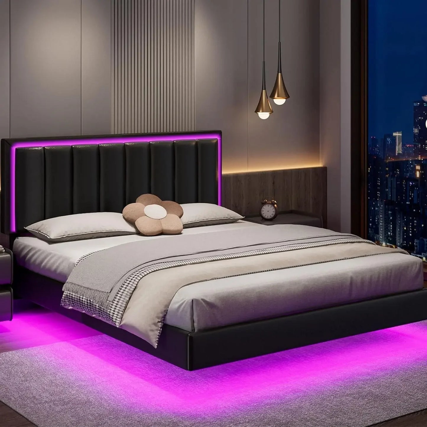 Floating Bed Frame with Headboard Upholstered with LED Lights