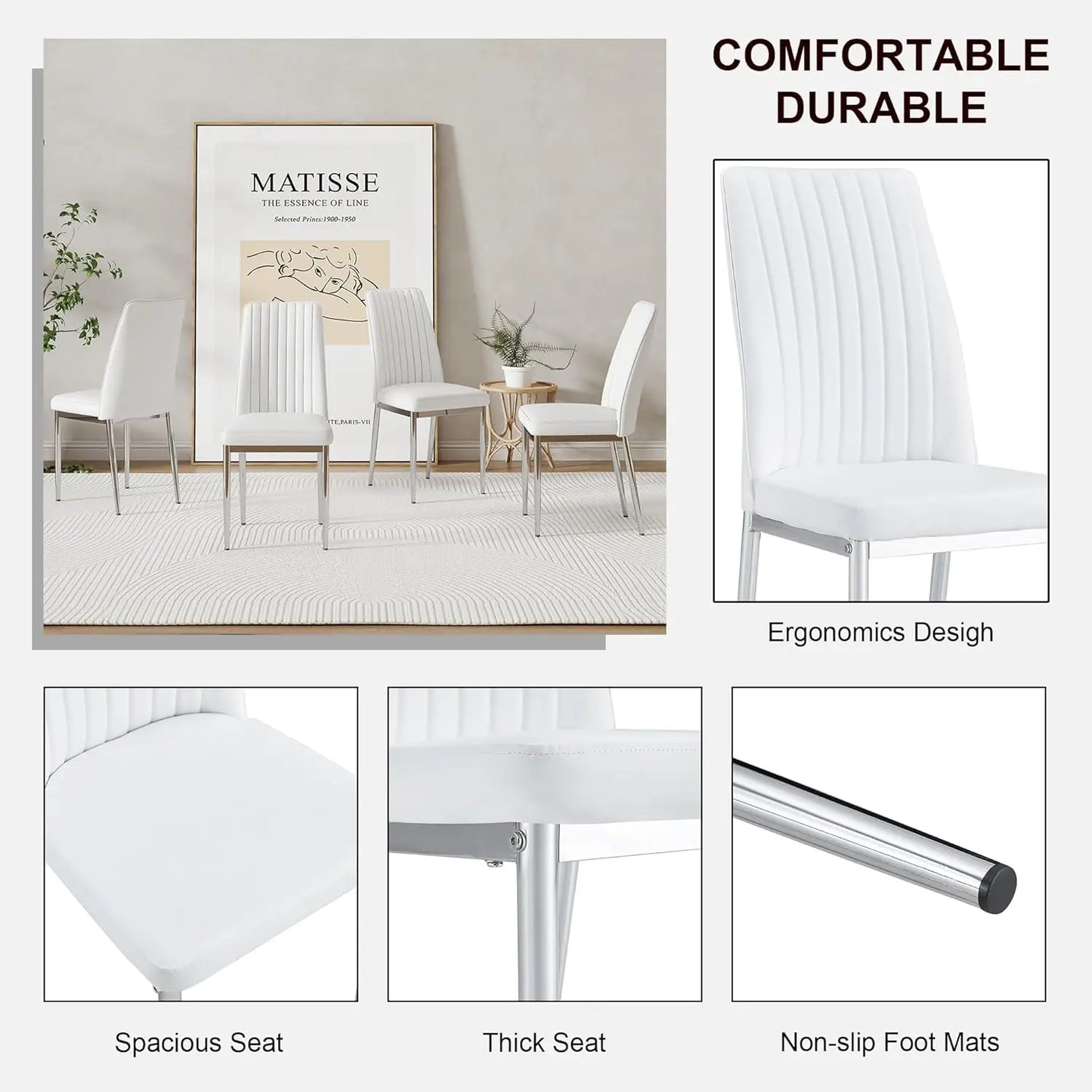Leather Upholstered Seat High Back & Sturdy Chrome Silver Legs Set