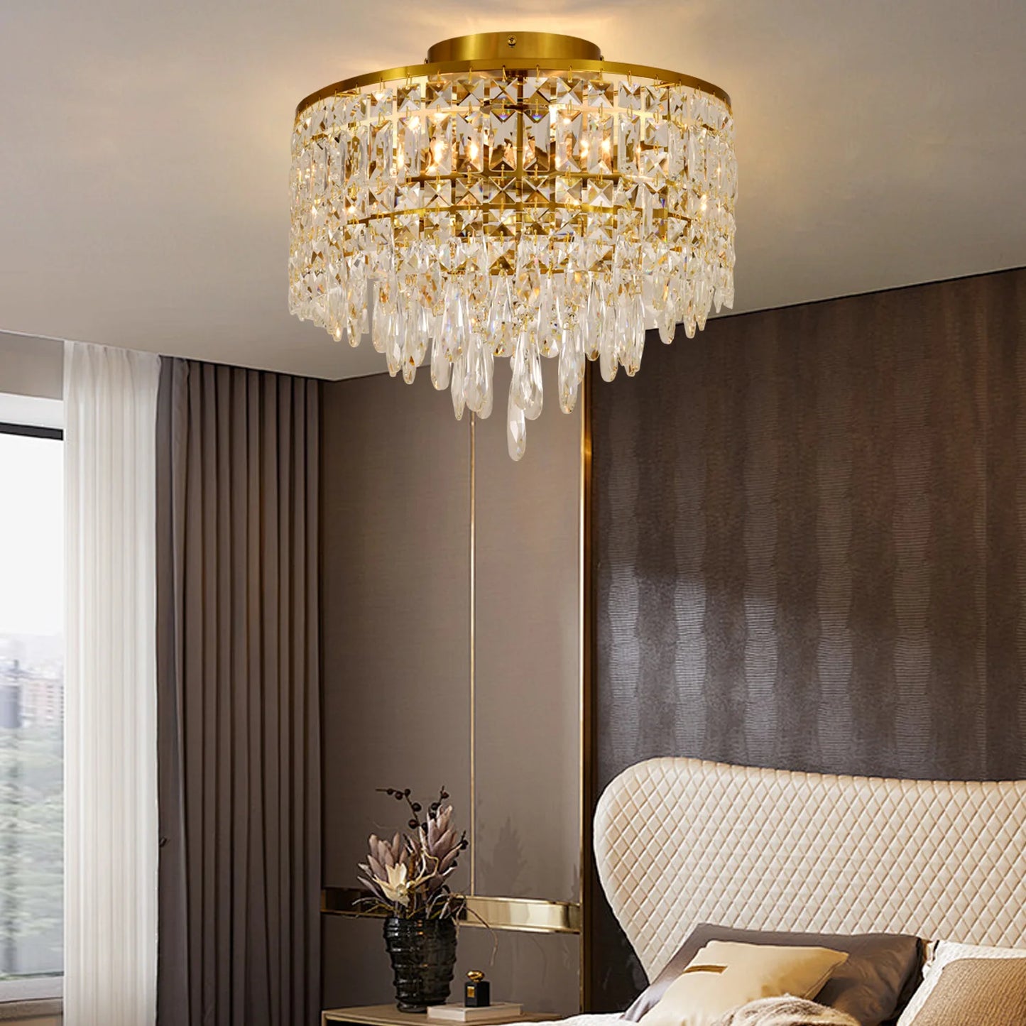 Luxury Gold Crystal Flush Mount Teardrop Crystal Chandelier