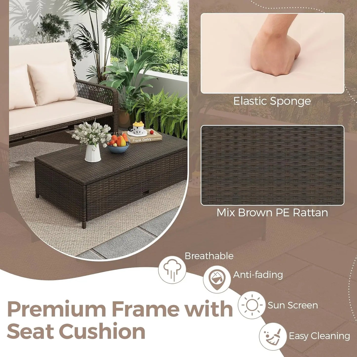 Rattan Daybed Loveseat with Adjustable Backrest & Ottoman and Zipped Cushion