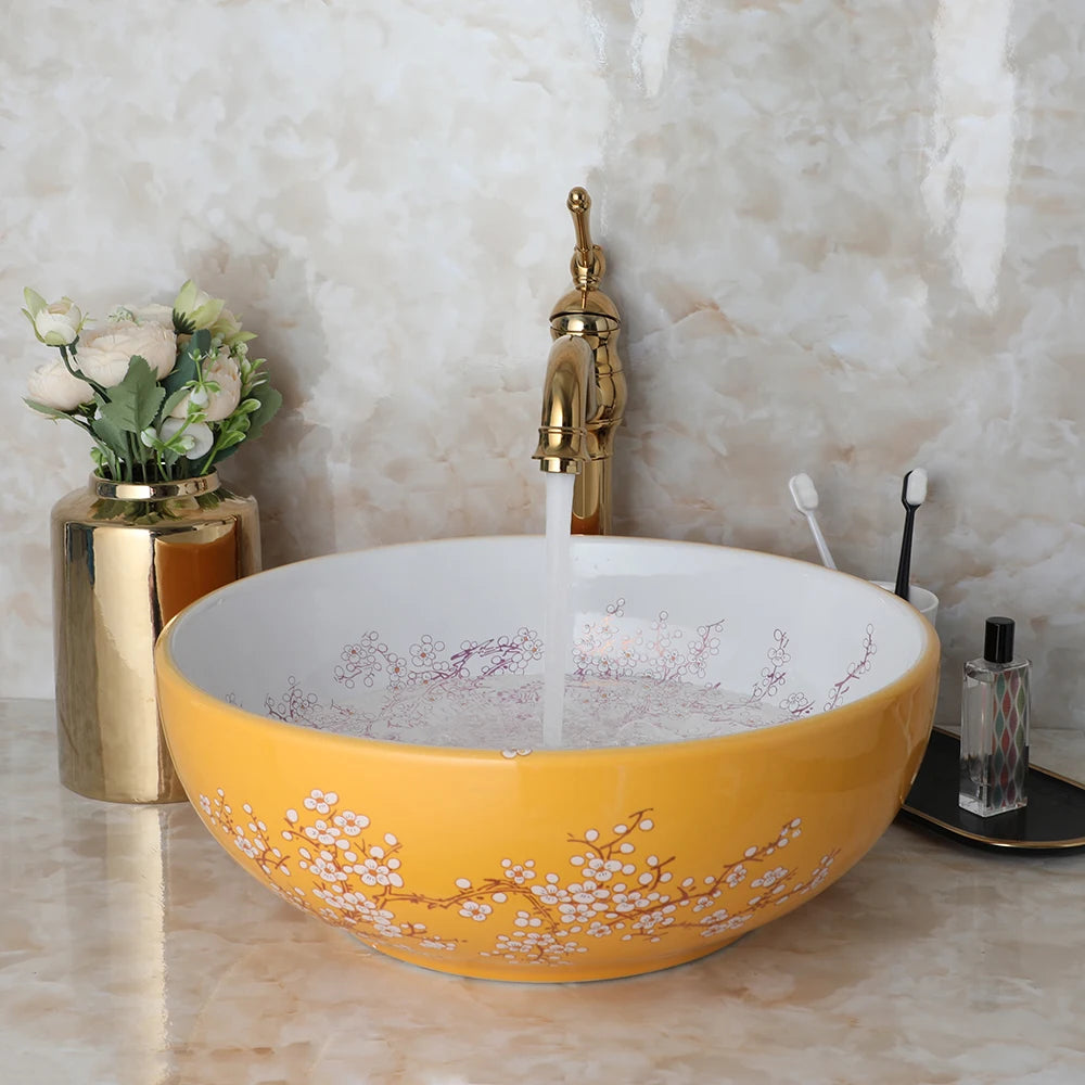 Ceramic Vessel Counter Top Flower Bird Pattern Bowl Sinks for Bathrooms