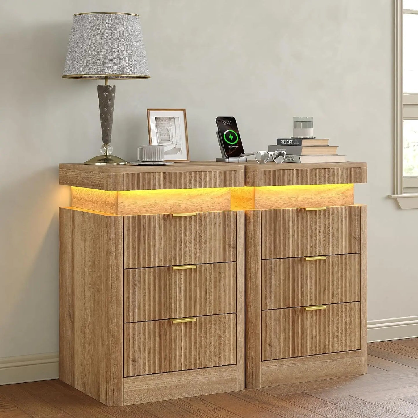 Fluted Night Stand with Charging Station