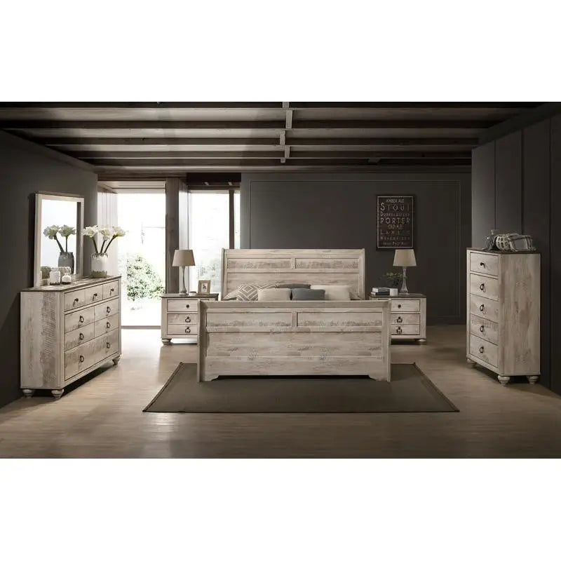 Contemporary White Wash Finish Sleigh Bedroom Set