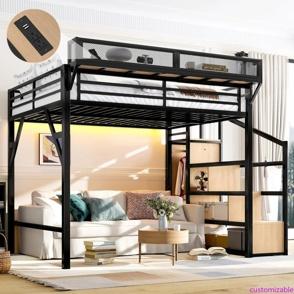Metal Loft Bed Frame with Storage Stairs, Side Shelf, Wardrobe, USB Ports, and LED Lighting