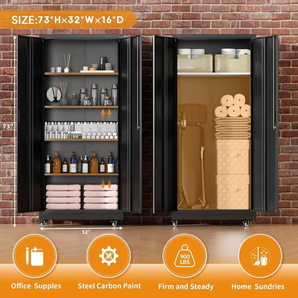 Lockable Rolling Metal Garage Cabinets with 2 Doors and 4 Adjustable Shelves and Wheels