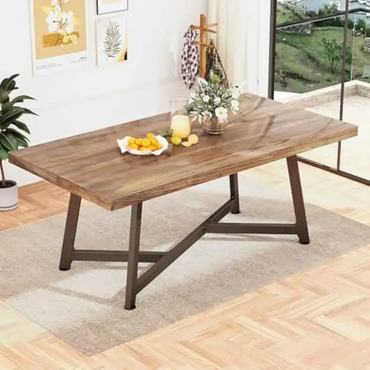 Rustic Large Brown Rectangular Solid Wood Dining Table w/Adjustable Metal Legs