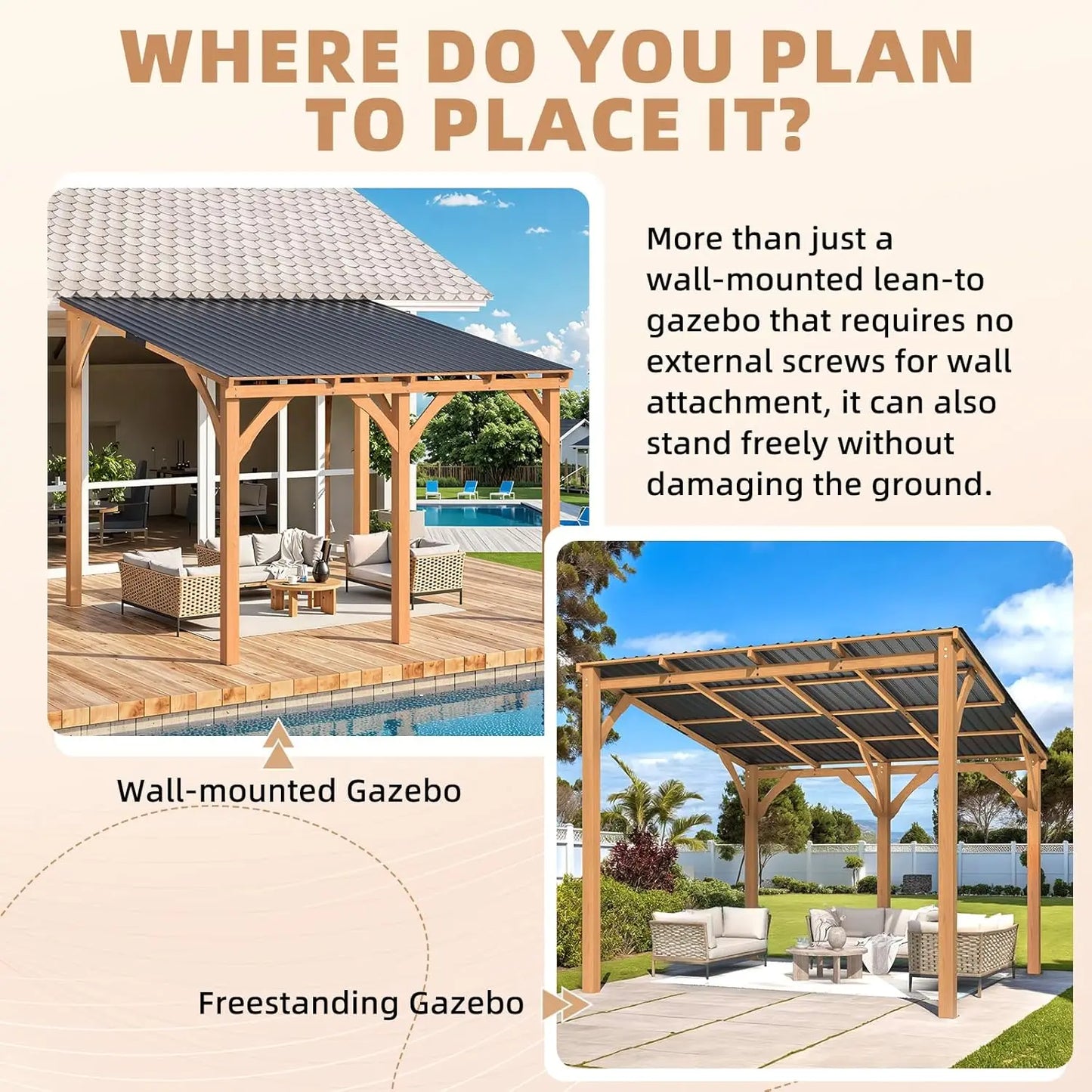 Wall Mounted Wood Ceder Hardtop Pergolas and Gazebos