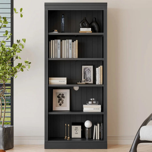 Free-standing Black Wood Bookcase - Shelves Light Strip Storage Organizer