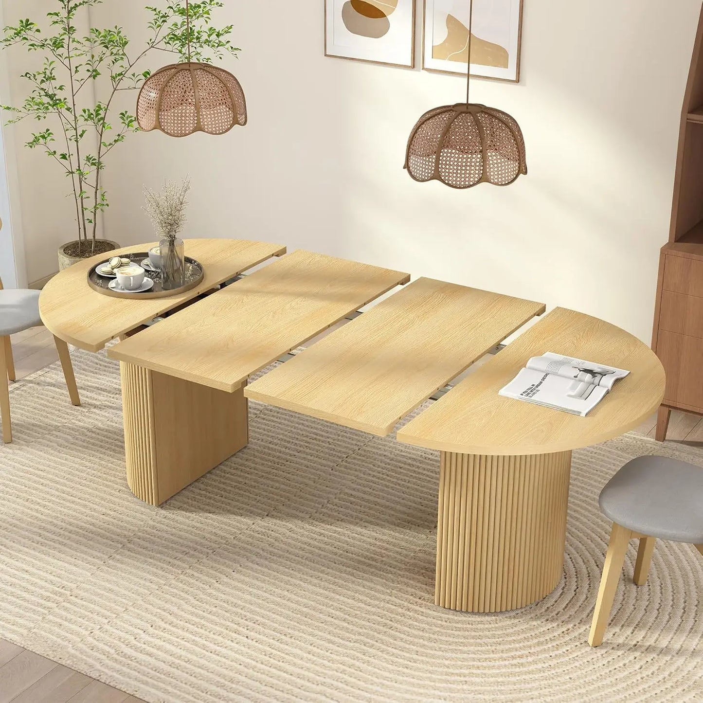 Fluted Base Modern Oval Round Extendable Dining Table