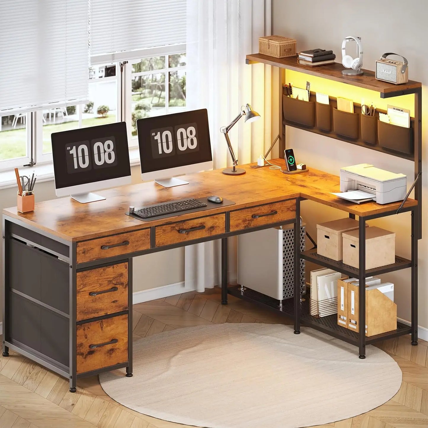 L-Shaped Reversible Computer Desk with Storage Shelves