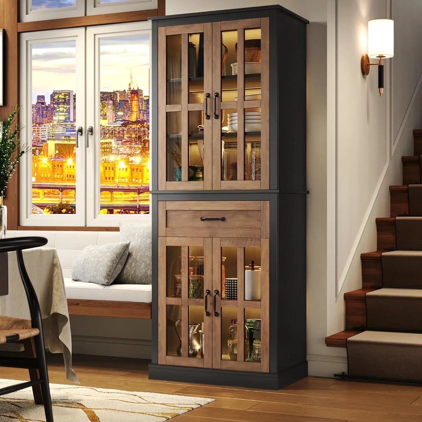 Tall Kitchen Cabinet with Glass Doors and Drawer