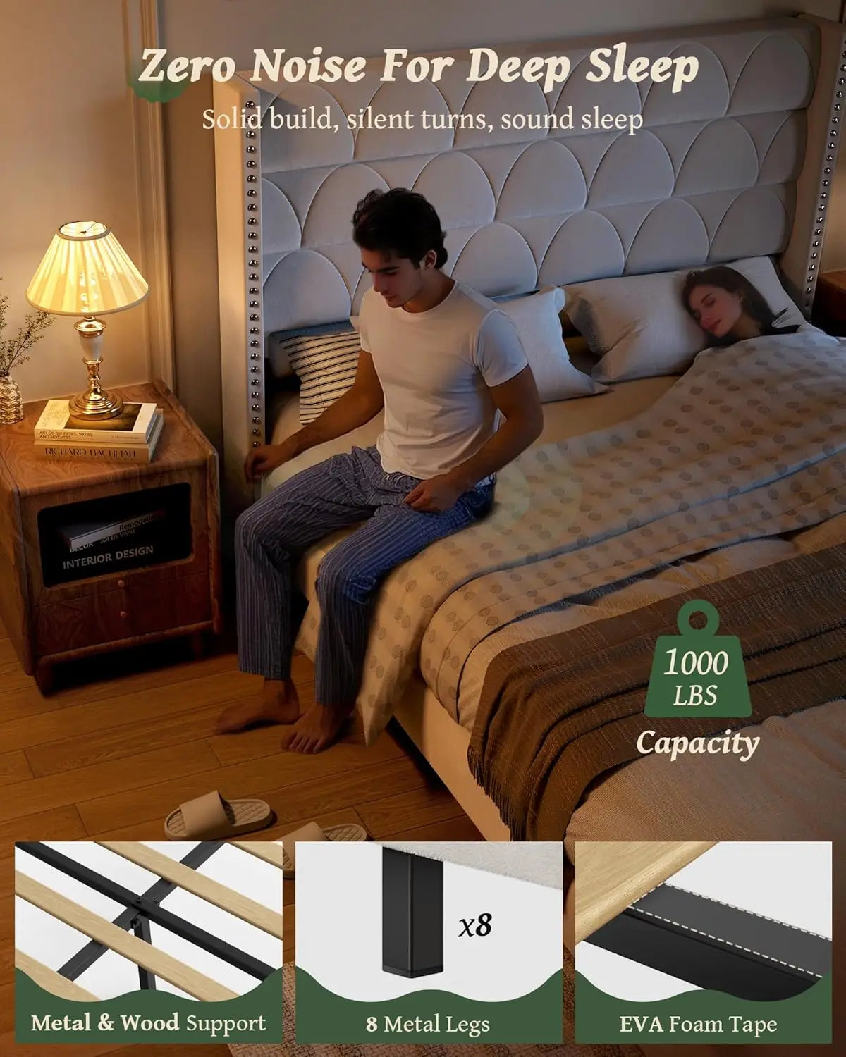 Upholstered Wingback Platform Bed Frame, Noise-Free Support