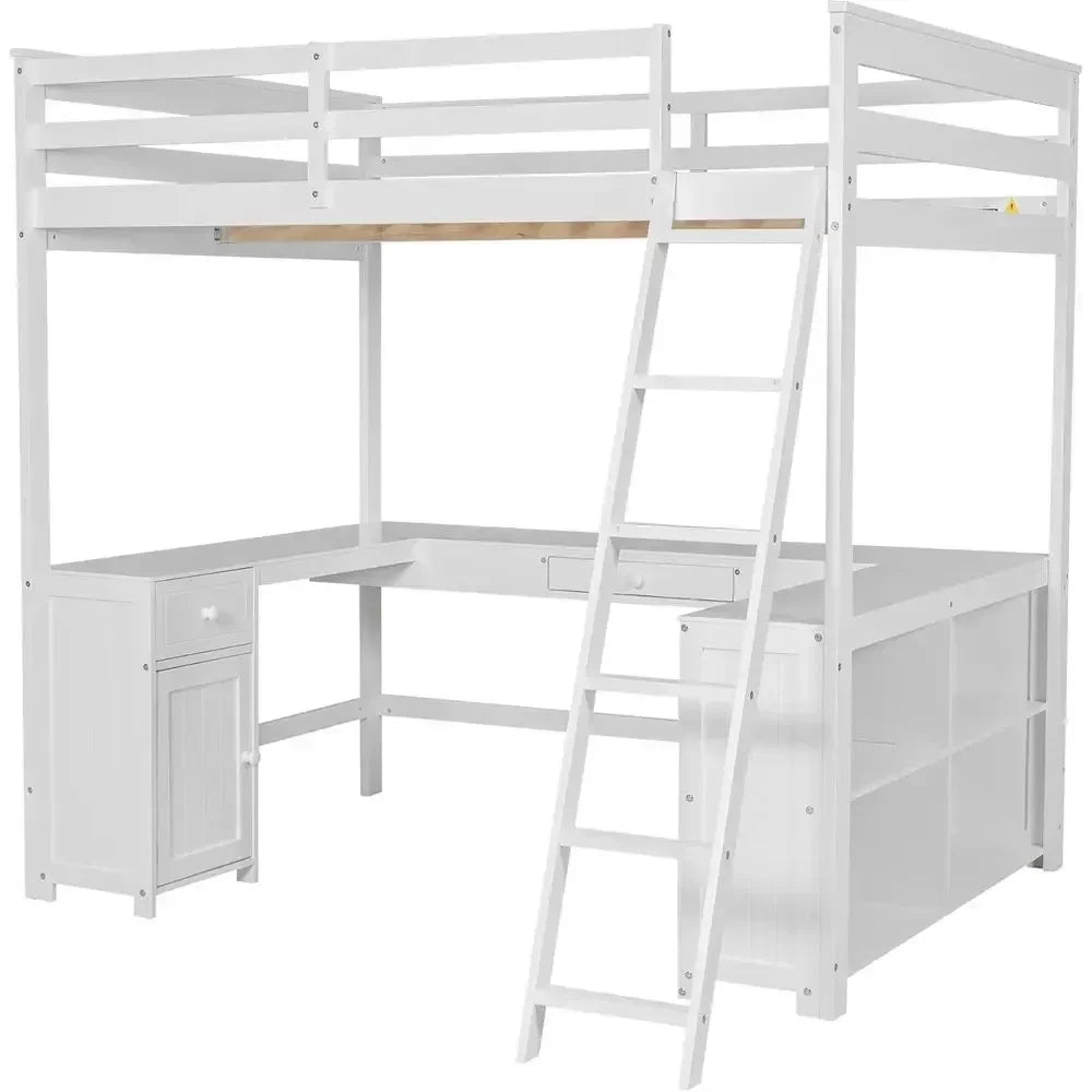 Wooden U-Shaped Loft Bed with Desk