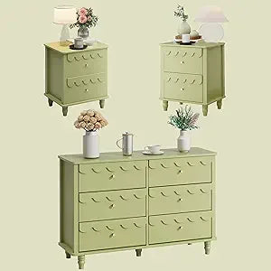 Bedroom Set - Two Drawers Nightstand & Scalloped 6 Drawer Dresser Combo