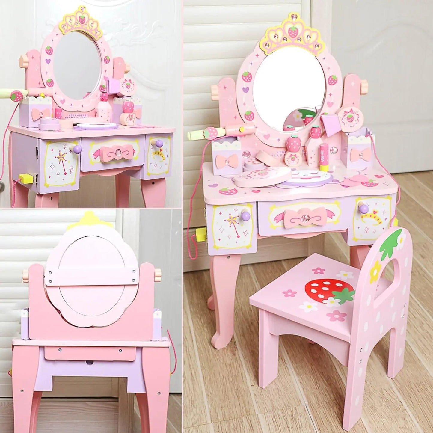 Strawberry Vanity Desk with Drawers and 360° Rotating Mirror
