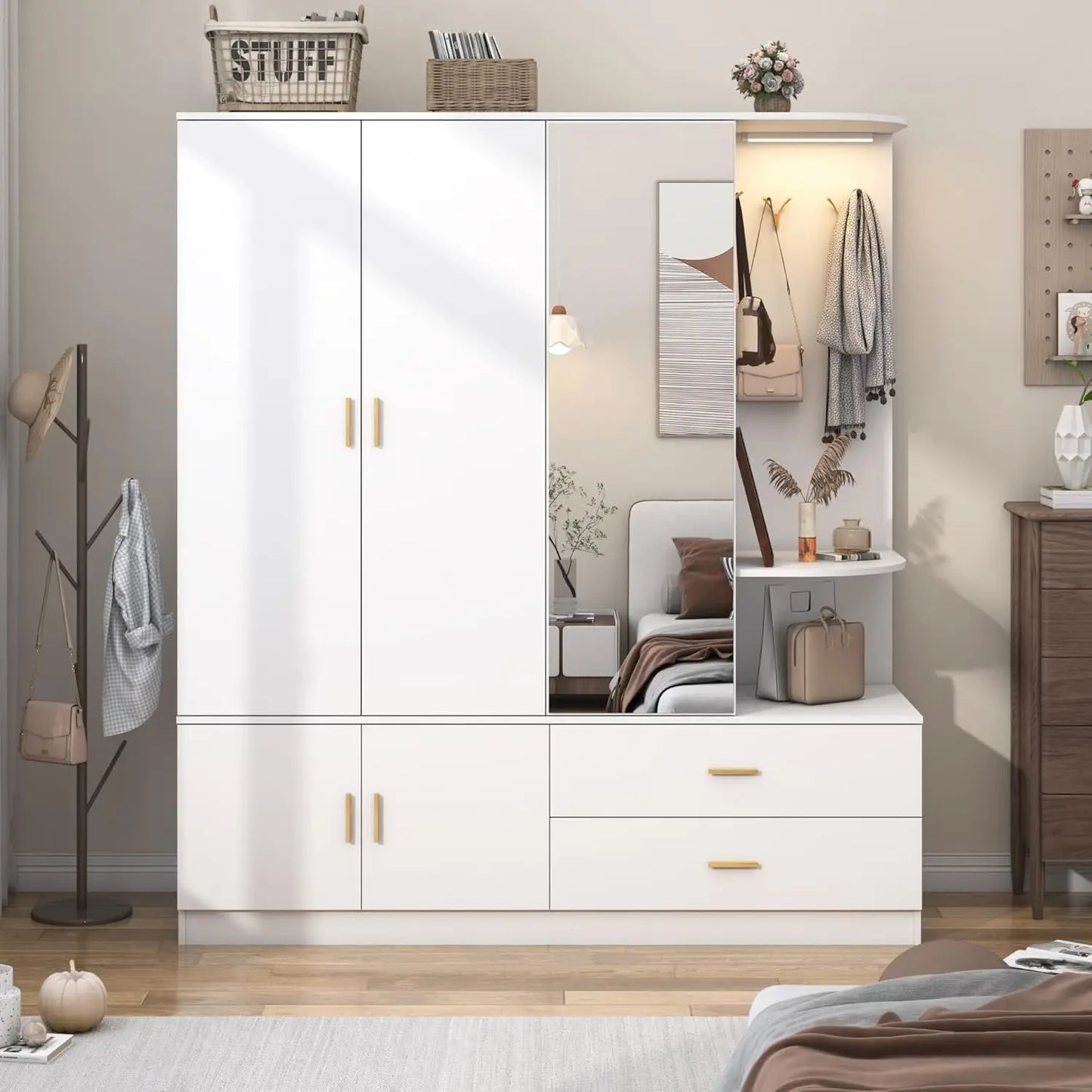 Modern Wooden Armoire Wardrobe with Mirror Sensor Light