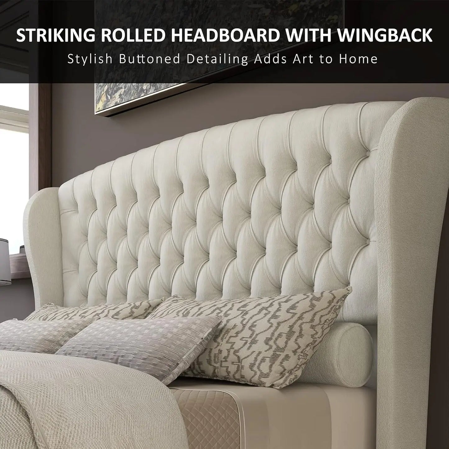 Upholstered Sleigh Bed with Scroll Wingback Headboard & Footboard/Button