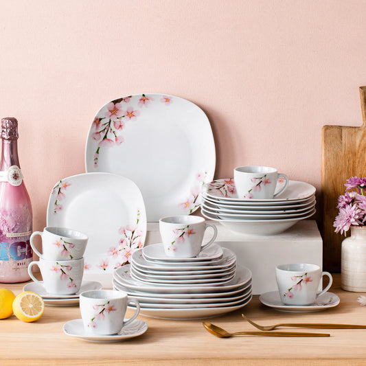 White Ceramic Pink Floral Porcelain Plate Set