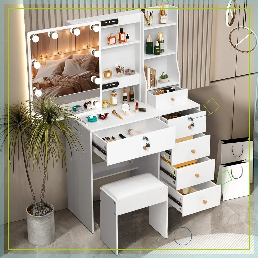 Makeup Vanity Table with LED Lights, Cabinet & Stool