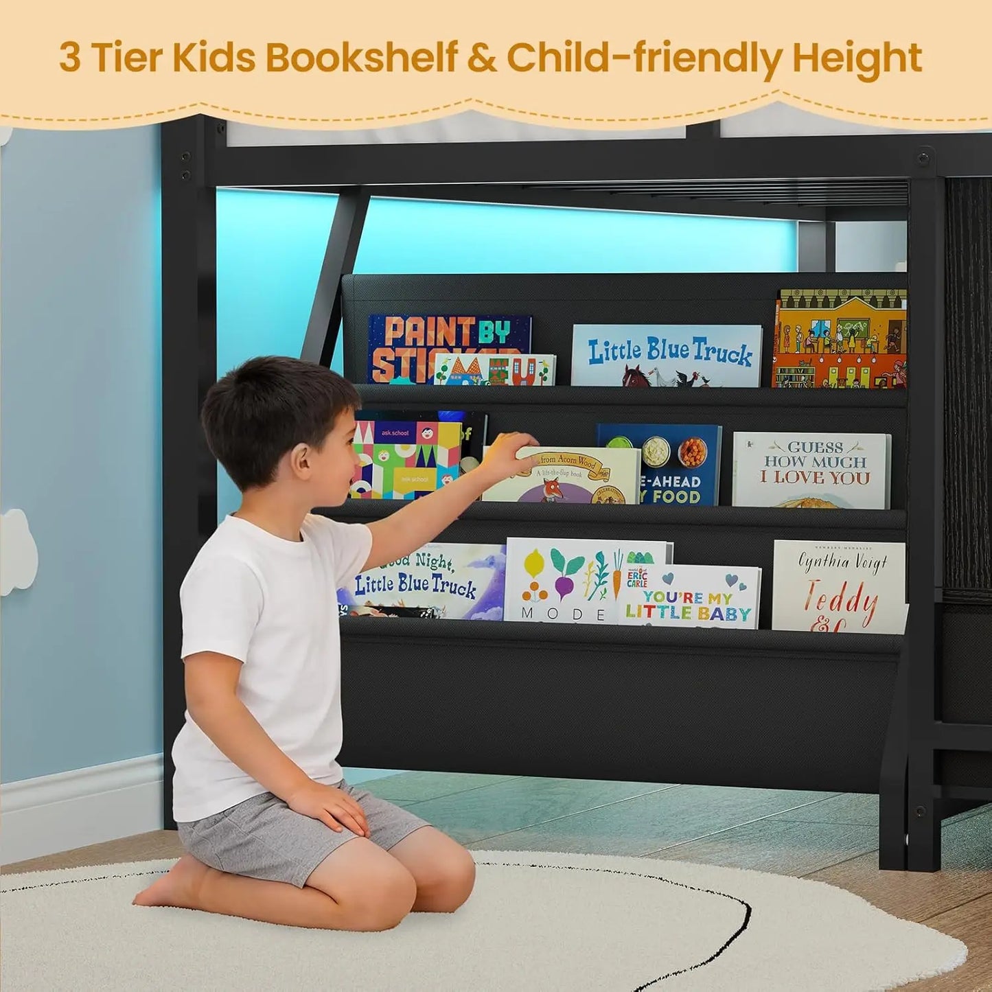 Metal Low Loft Twin Bed, Bookshelf, Cubbies, LED Guardrail, and Ladder