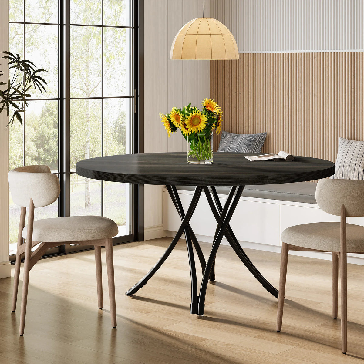 Round Dining Table with Sturdy Metal Base