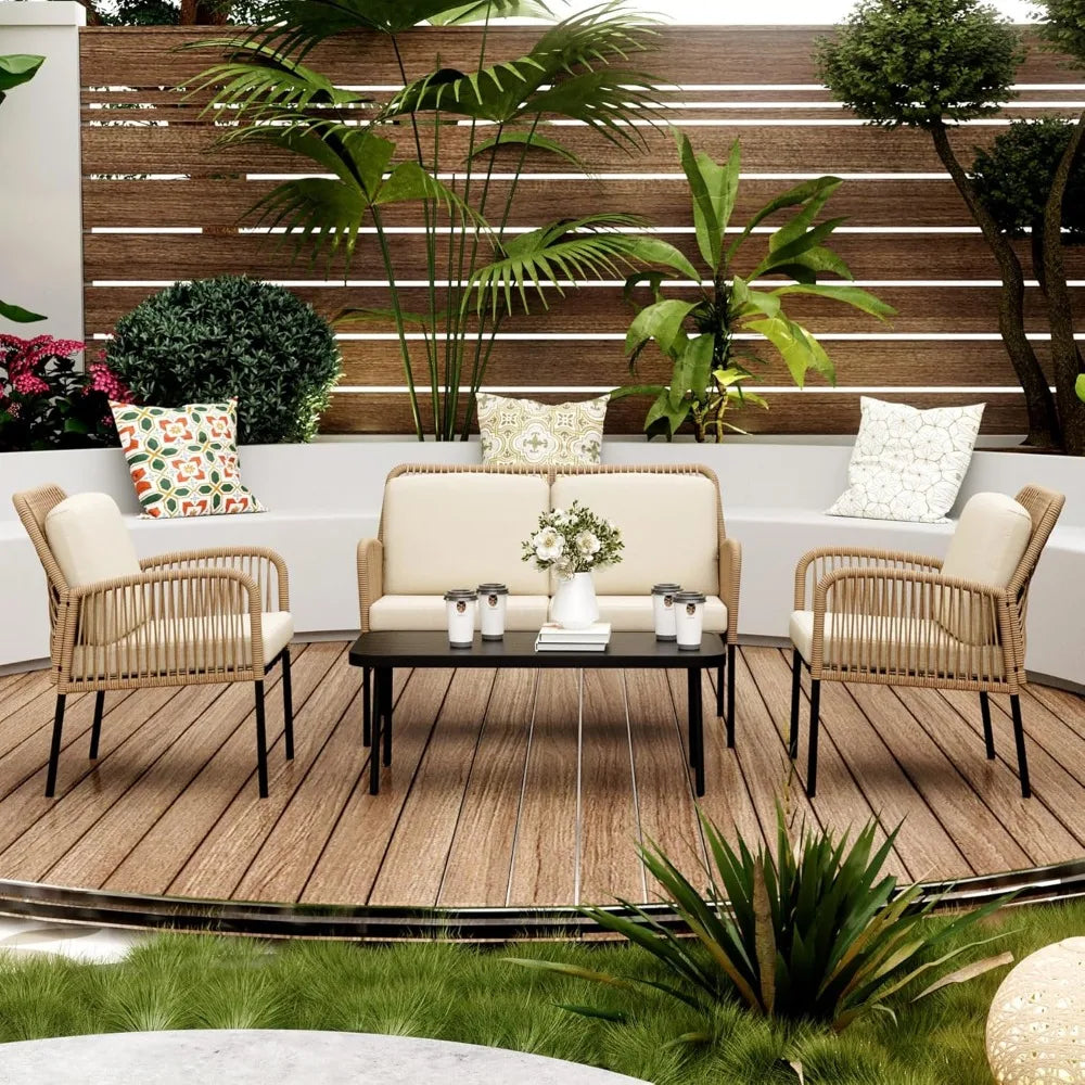 Outdoor Conversation Set with 2 Wicker Chair& Loveseat Sofa