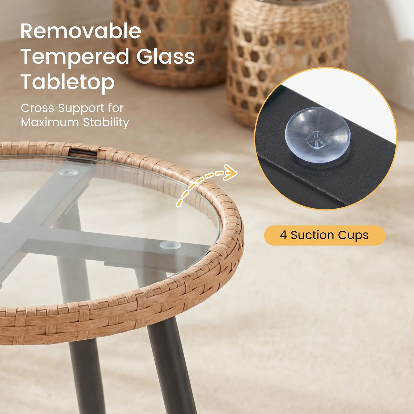 Wicker Patio Set with Soft Cushion and Glass Steel Frame Table