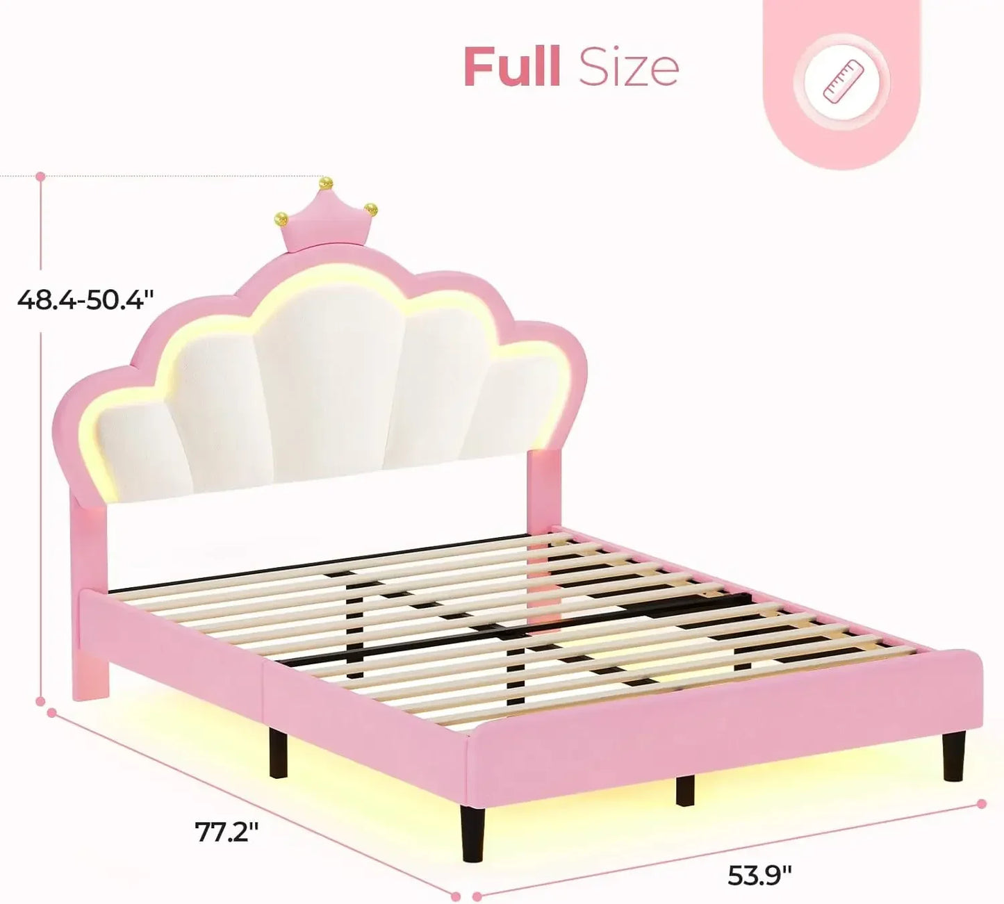 Princess Bed Frame with LED Lights and Adjustable Chic Double Shell Headboard