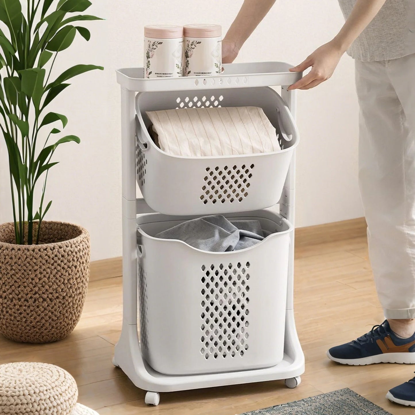 Multi-Layer Rolling Plastic Laundry Hamper with Wheels