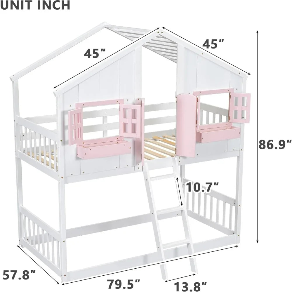 Floor House Bunk Bed with Low Bunker Bed Twin Over Twin
