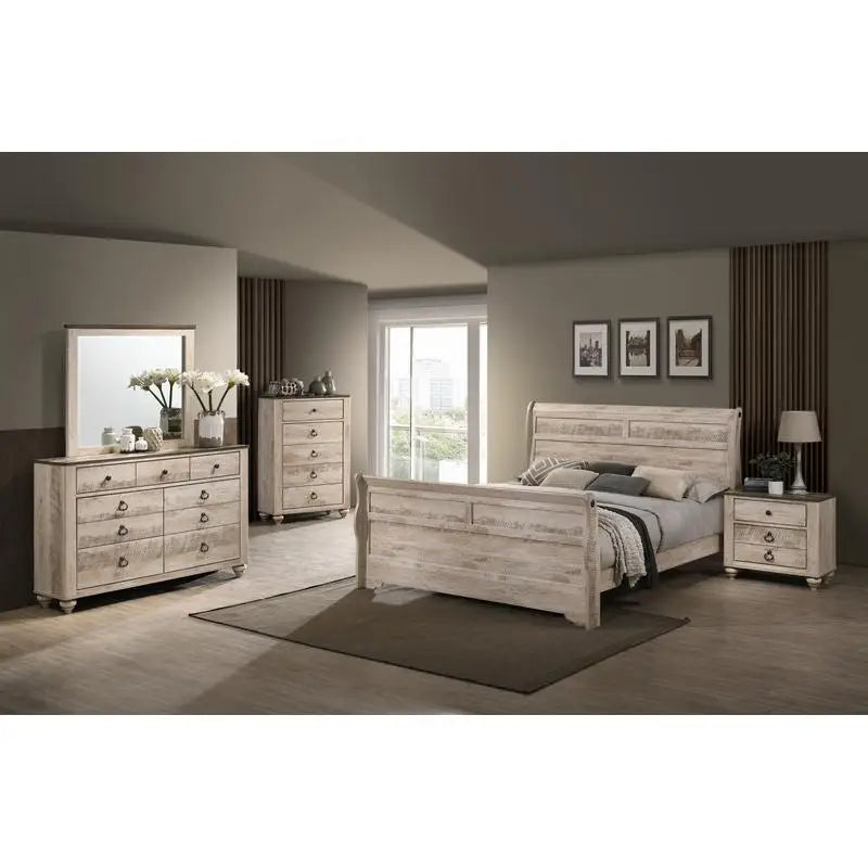 Contemporary White Wash Finish Sleigh Bedroom Set