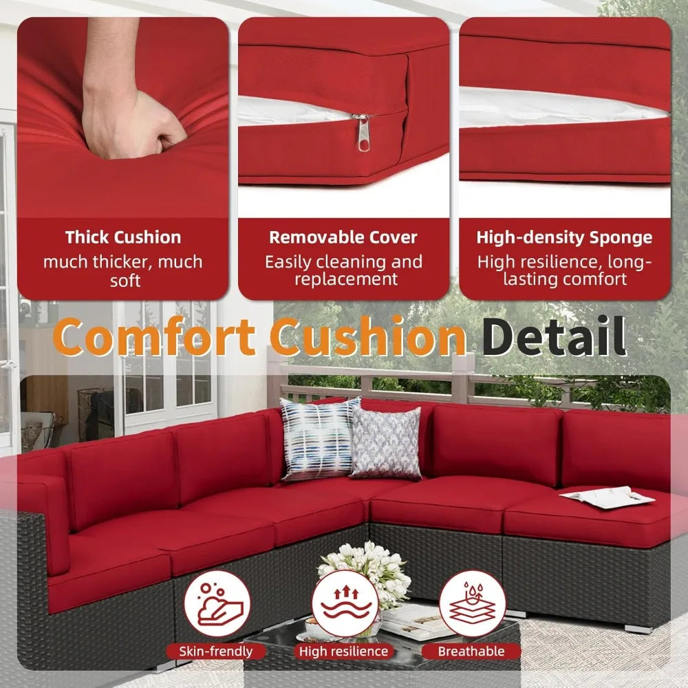 7-Piece Patio Furniture Sofa Set Rattan Wicker Sectional Conversation Sets with Glass Top Table and Cushions