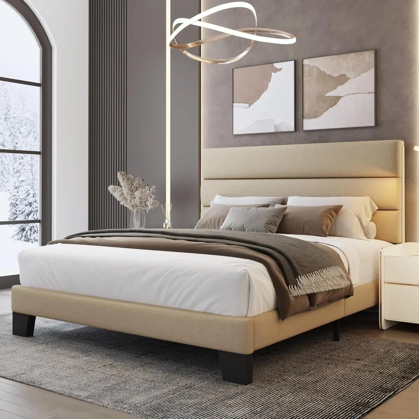 Wooden Slats Platform Linen Fabric Headboard - Bedroom Furniture