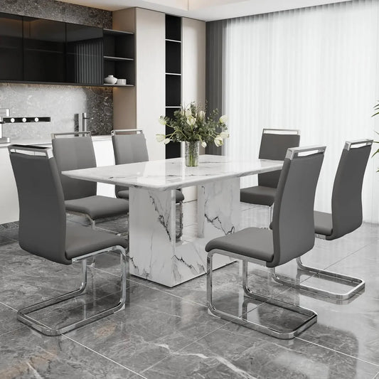 White Imitation Marble Table with Leather Chairs Set
