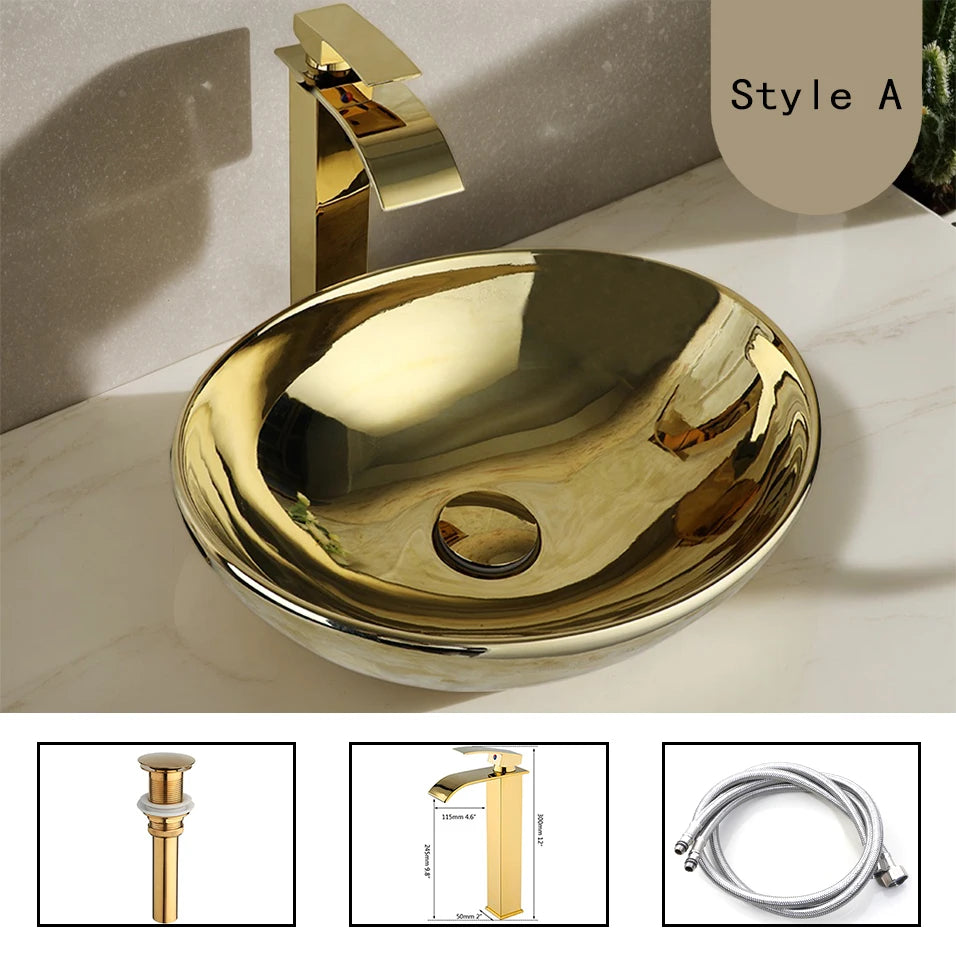 Gold Ceramic Luxury Bathroom Vessel Sink Set