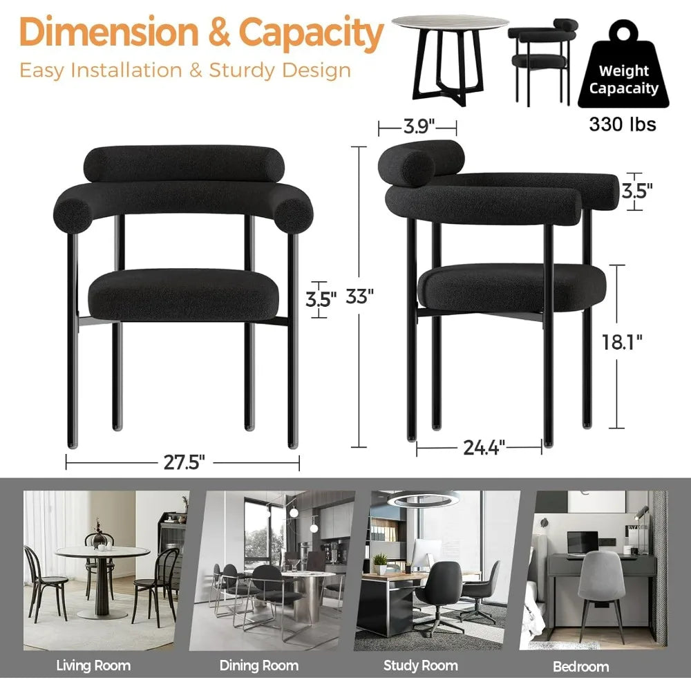Modern Black Boucle Dining Chair with Arms Set of 4