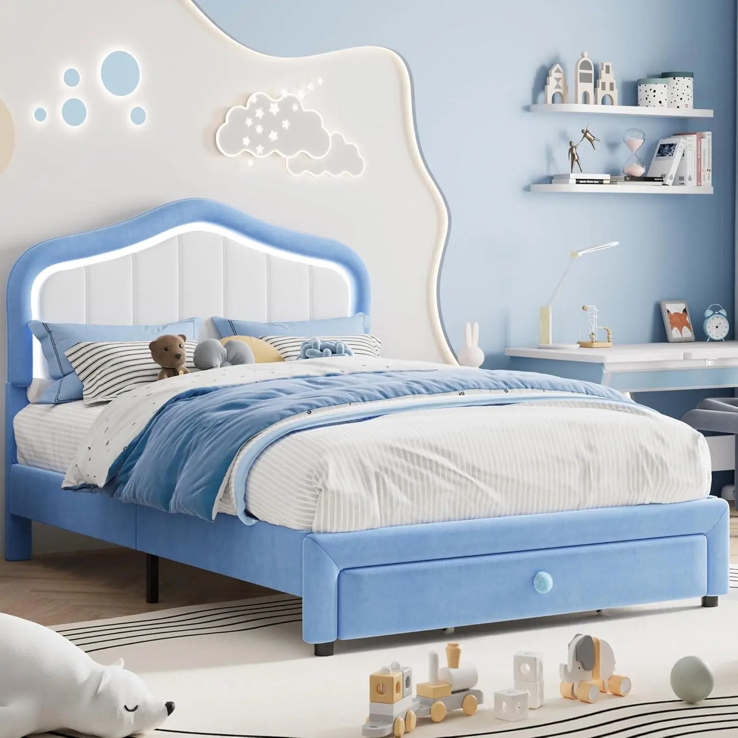 Modern Princess Style Upholstered Bed Frame with LED Crown Headboard