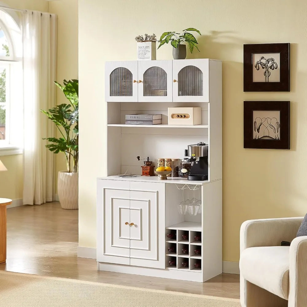 Kitchen Pantry Cabinet with Microwave Shelf & Wine Glass Rack Storage Buffet