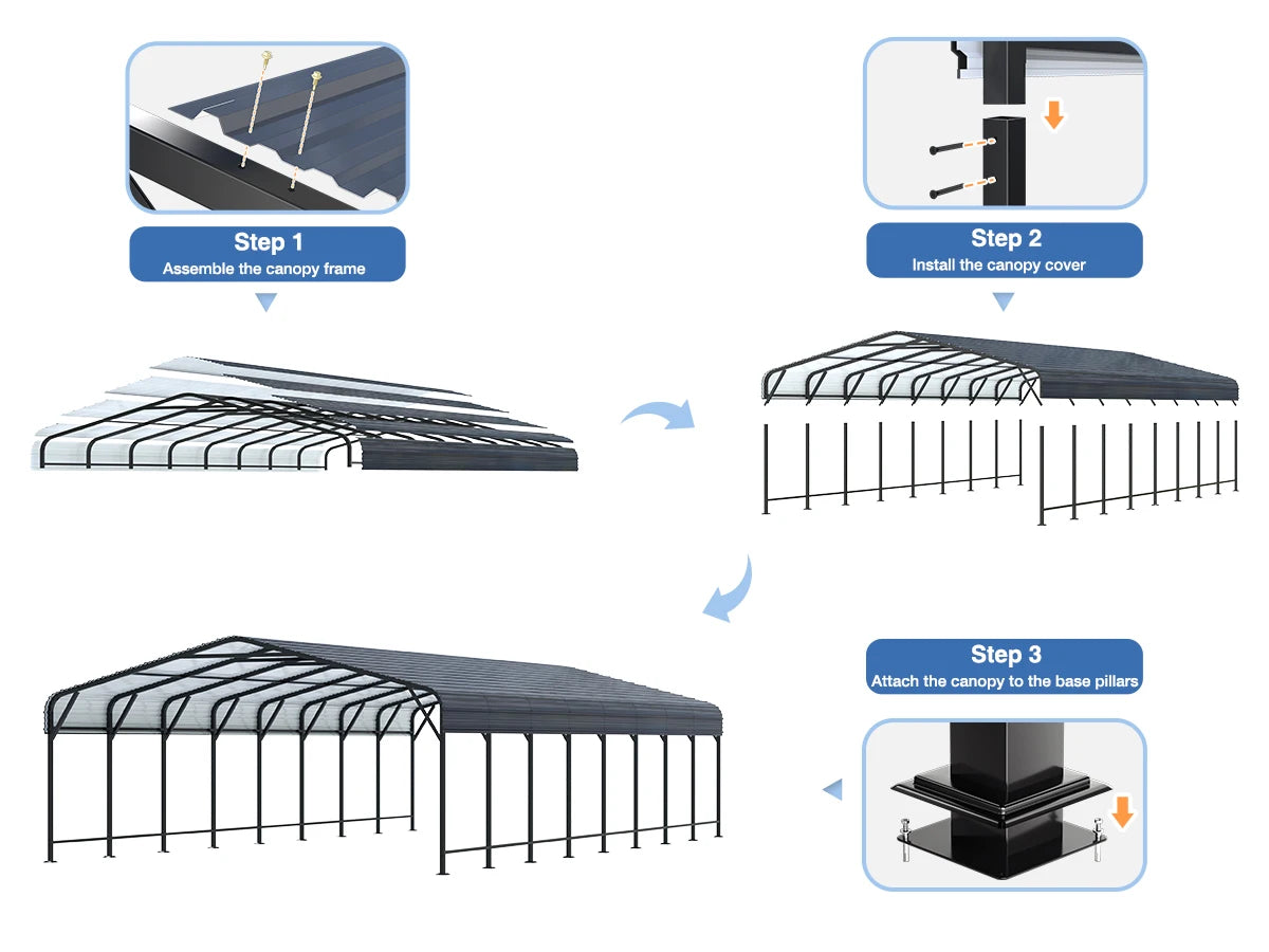 Heavy Duty Multi-Size Metal Carport w/ Enhanced Base